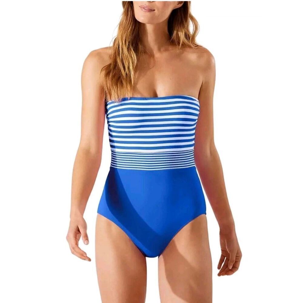 Tommy Bahama Breaker Bay Stripe Bandeau 1-Piece Swimsuit Blue White Coast Size 4